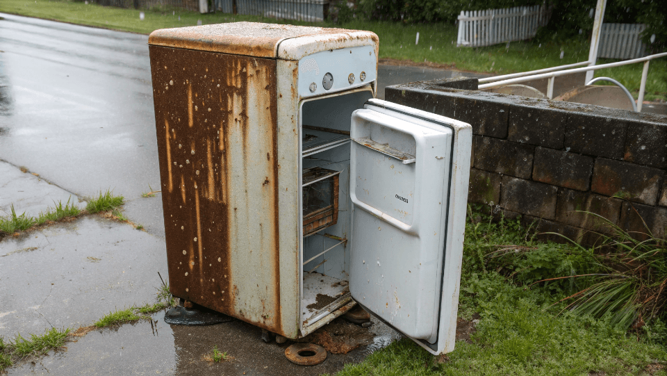 a rusted and faded retro fridge left outside in the rain