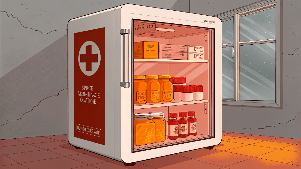 A modern, compact fridge used for storing medicines and supplements