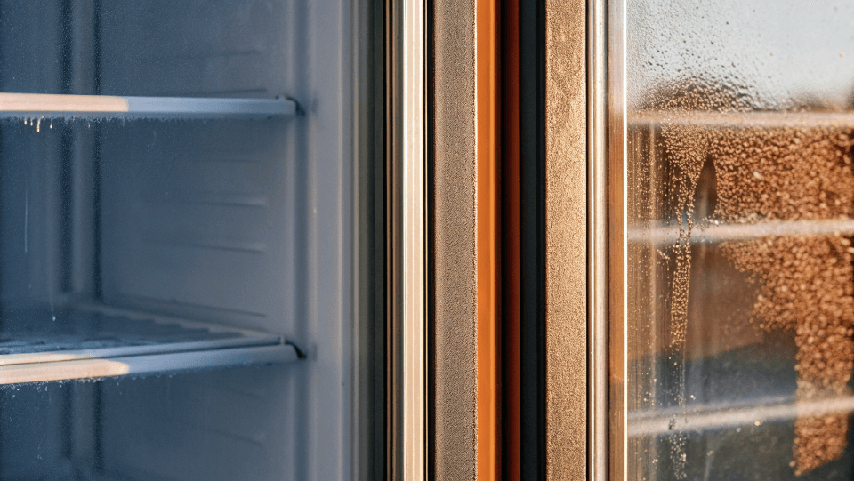 A glass door fridge with condensation and fingerprints, illustrating the need for cleaning.