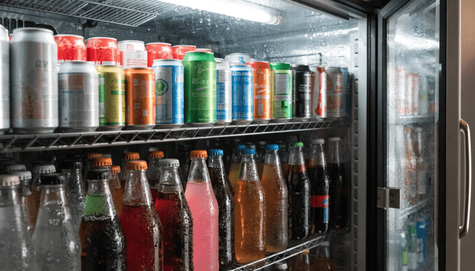 Interior of a beverage refrigerator showing tightly packed cans and bottles on wire shelves.