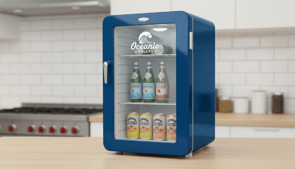 A custom-branded retro mini fridge with a company logo on it