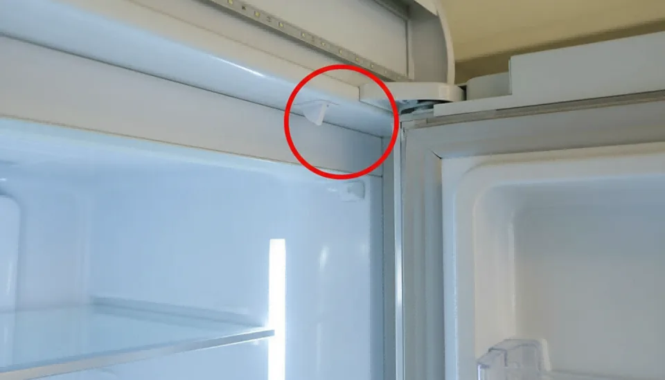 A close-up of a refrigerator door switch with the door slightly ajar.