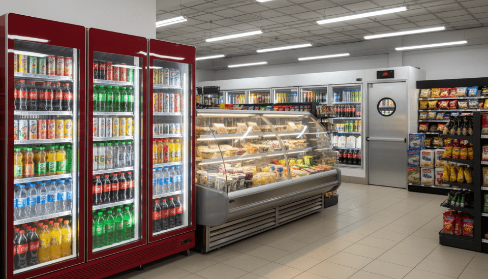 A convenience store needs a mix of refrigerators.