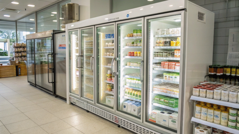 A bright, well-organized glass door fridge in a retail setting