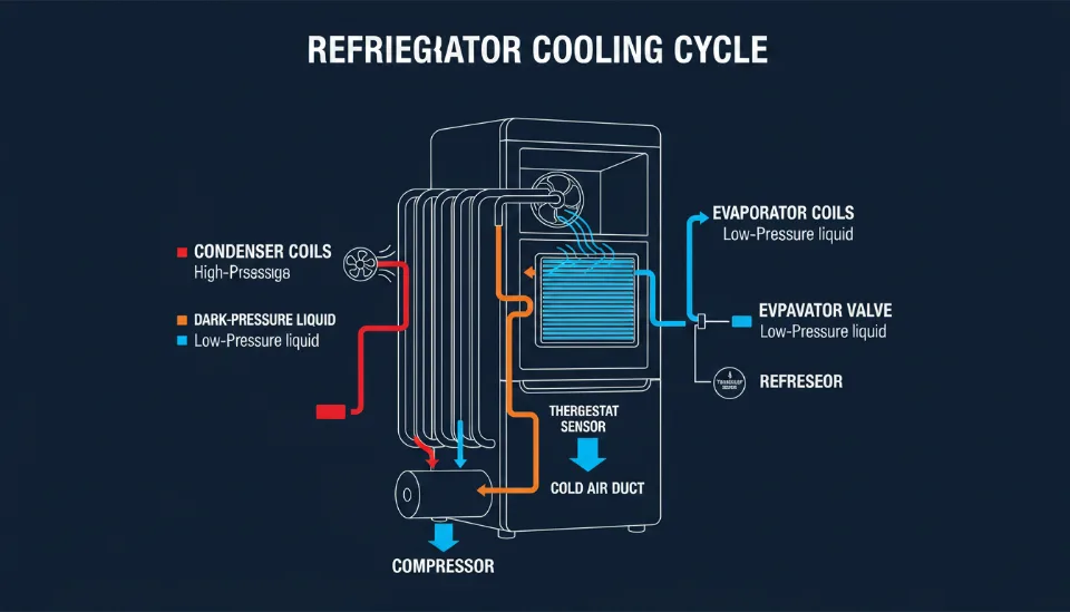 An exploded view diagram showing the door switch, evaporator fan, and control board inside a refrigerator.