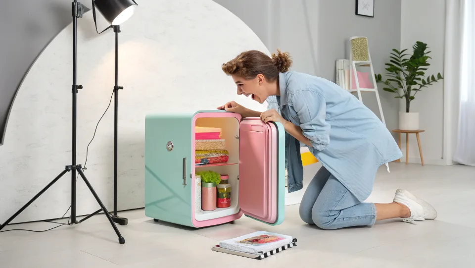 an influencer unboxing a colorful retro mini fridge in their studio