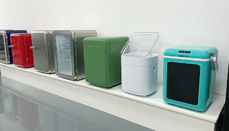 a mini fridge and a full-size fridge side-by-side in a showroom