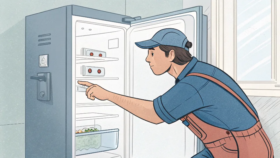A service technician pointing to a faulty door switch inside a refrigerator.