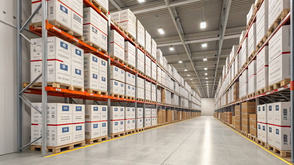 a neatly organized warehouse with shelves of boxed mini fridges