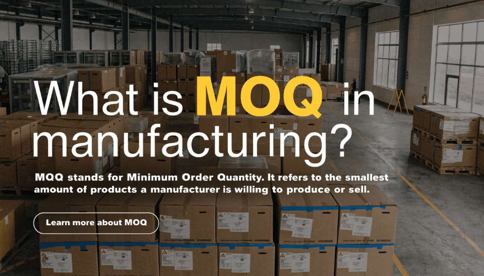 A warehouse filled with neatly stacked boxes of commercial refrigerators, representing MOQ.
