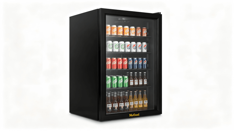 A beverage cooler with adjustable shelves holding cans and bottles