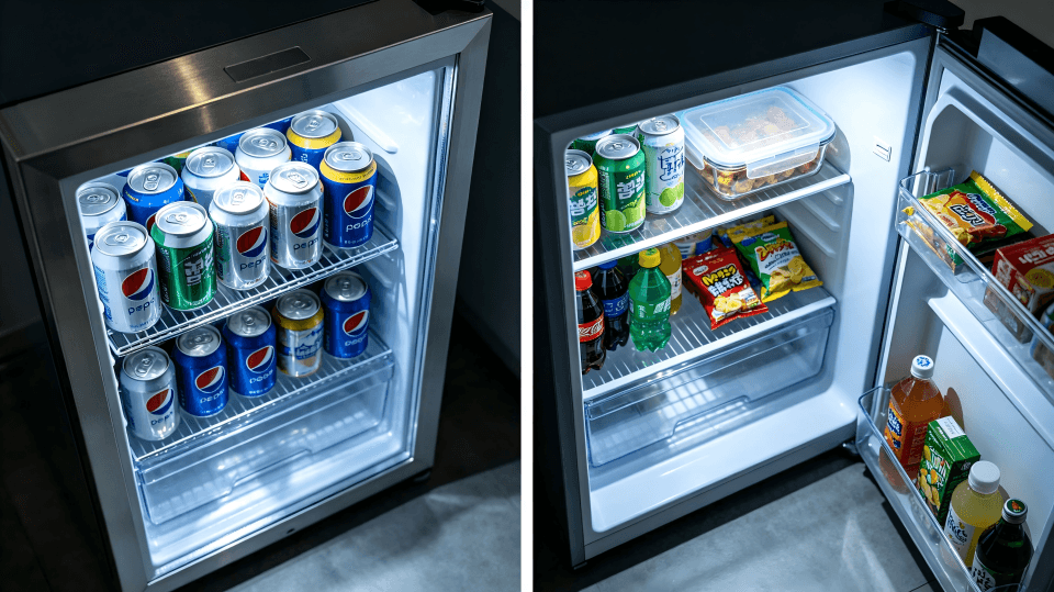 Side-by-side comparison of a beverage cooler and a mini fridge interior