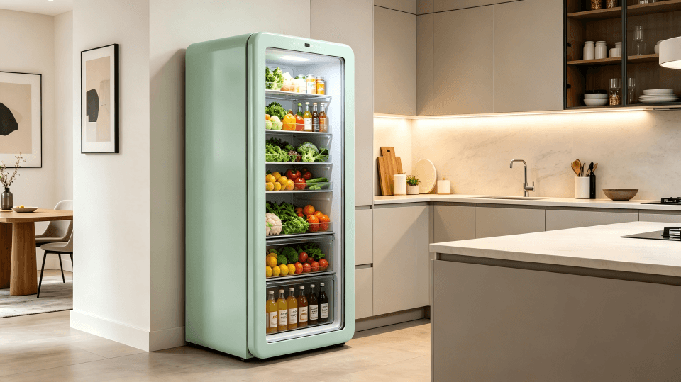 A retro mint green refrigerator in a stylish kitchen