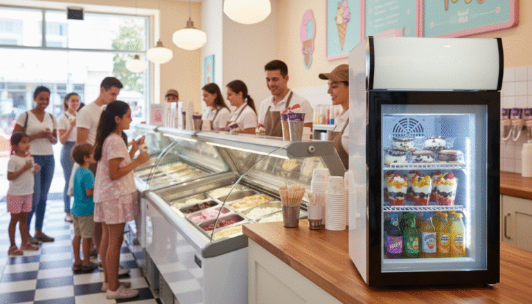 a busy ice cream shop with customers looking at a well-lit ice cream freezer