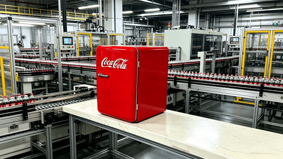 A classic red Coca-Cola branded refrigerator