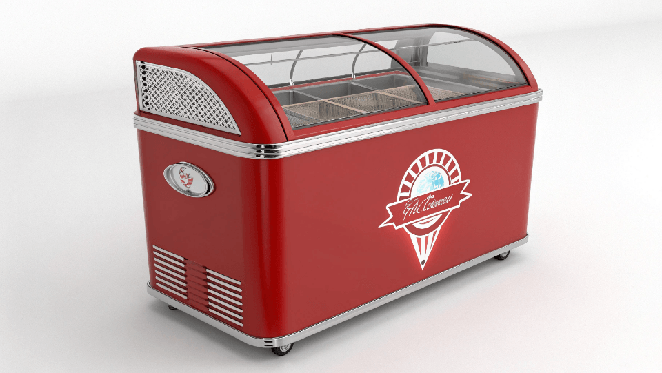 a retro-styled red ice cream freezer with a custom logo on the side
