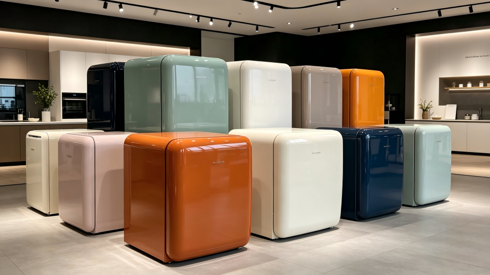 A collection of custom color refrigerators in a showroom