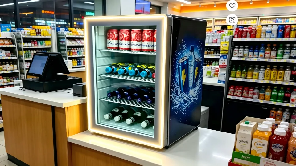 A display fridge with bright LED lighting showcasing drinks SC-128R