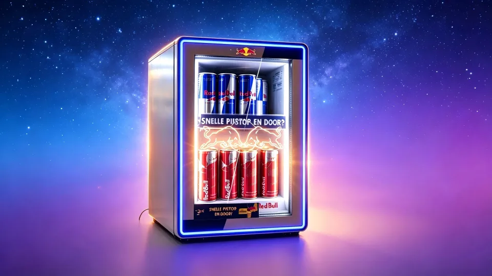 A RED BULL display fridge with bright LED lighting showcasing drinks