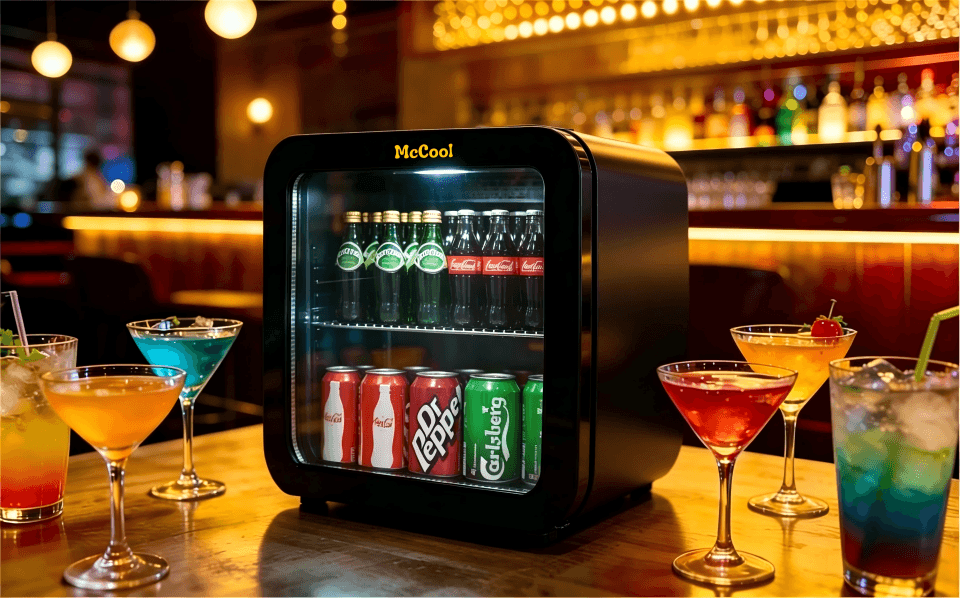 A stylish retro mini fridge in a home bar setting