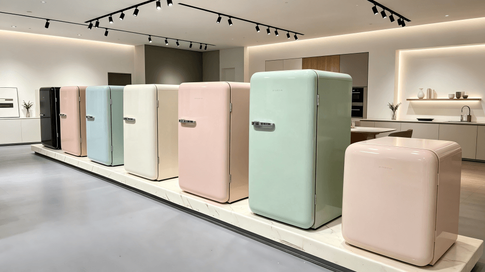 A stylish kitchen with a simple, custom-colored retro refrigerator
