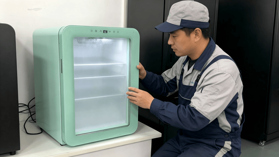 A factory worker inspecting a custom-colored refrigerator door