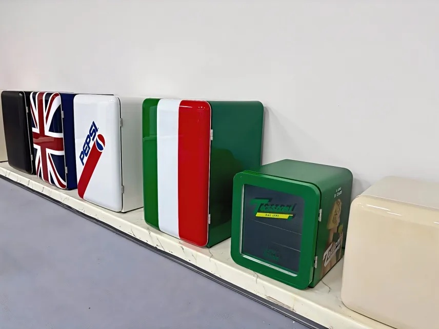 A row of refrigerators in various custom colors