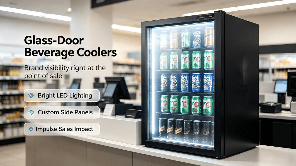 glass-door beverage cooler with custom branding