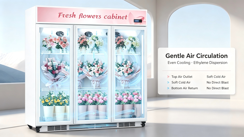 airflow diagram within a floral cooler showing gentle circulation