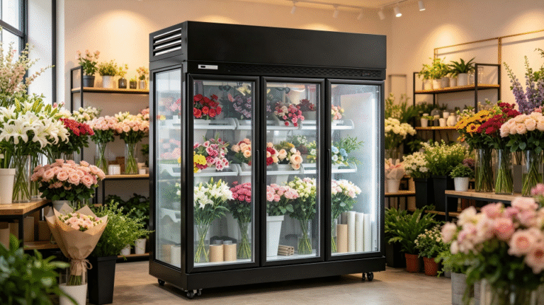 bouquets of flowers displayed in a glass door floral cooler
