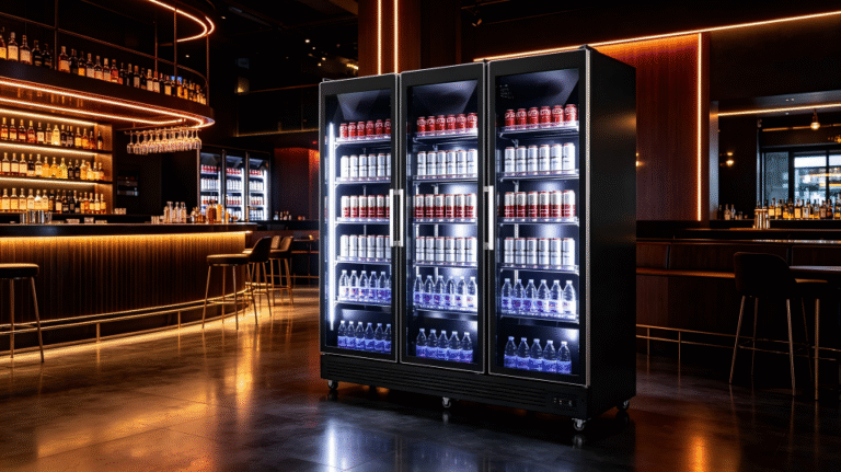 A well-stocked back bar cooler in a stylish bar