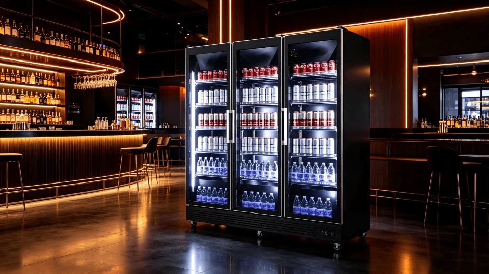 A well-stocked back bar cooler in a stylish bar
