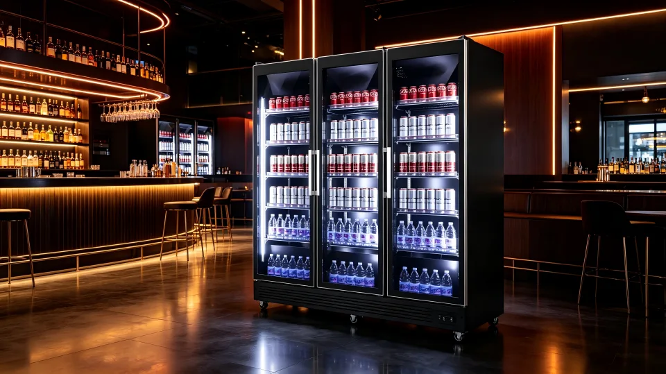 A well-stocked back bar cooler in a stylish bar