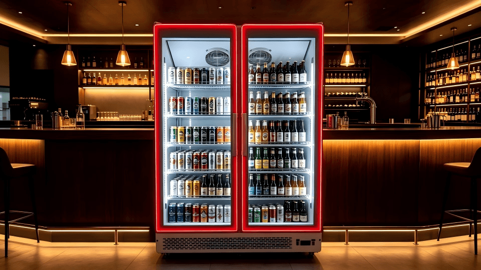 A sleek commercial beverage refrigerator in a modern bar setting