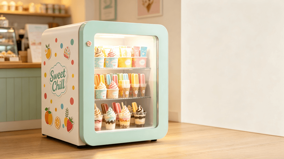 A beautifully branded retro-style ice cream freezer filled with colorful ice cream.