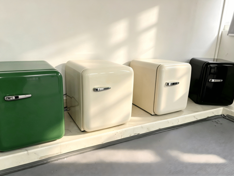 A mood board showing custom fridge colors and hardware