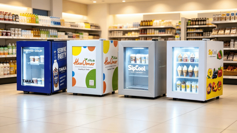 A row of different ice cream display freezers in a store.