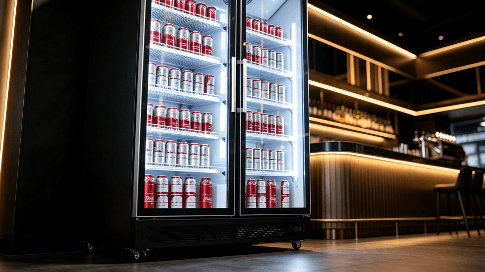 Close-up of a glass door beer fridge with various craft beers inside