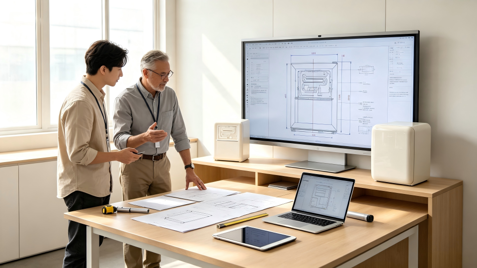 A designer and factory engineer reviewing technical drawings for a custom refrigerator.