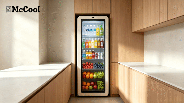 A custom-sized retro refrigerator fitting perfectly in a narrow kitchen space.