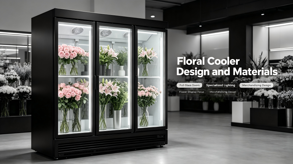a sleek black floral cooler with bright LED lighting and glass doors