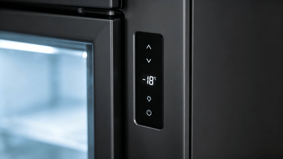 Close-up of a digital temperature controller on a freezer.