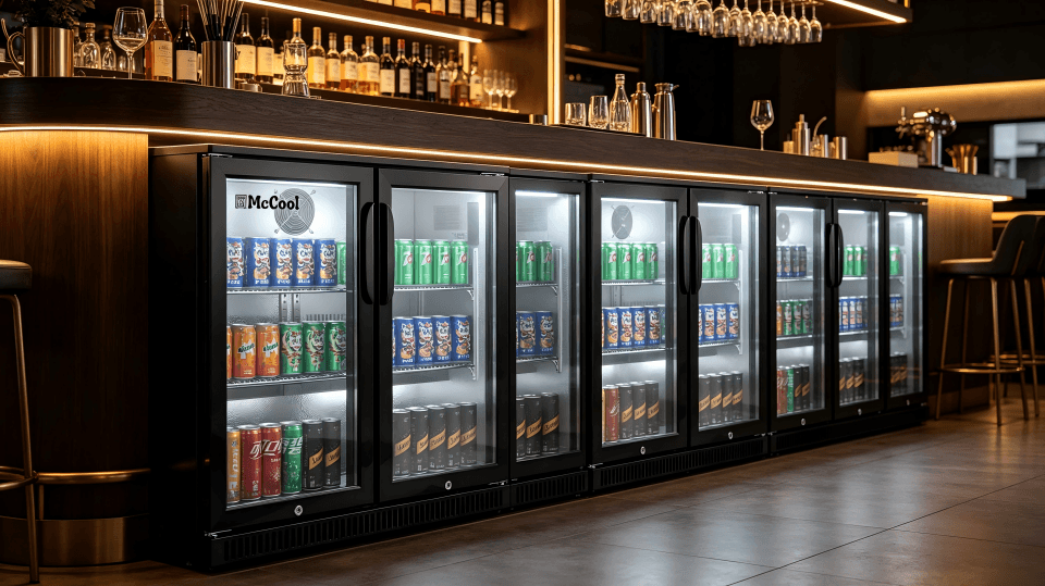 A series of back bar fridges installed under a bar counter