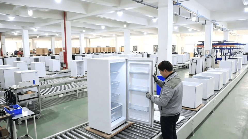 A factory worker inspecting a refrigerator on the assembly line