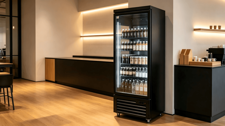 A stylish cafe with a modern black commercial display fridge