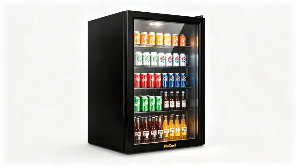 Products inside a black fridge look more vibrant