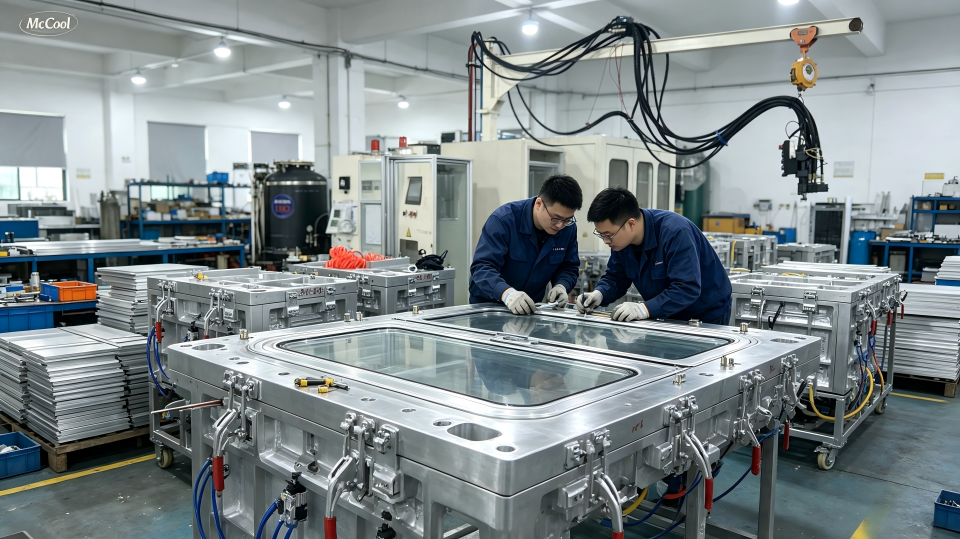 A factory floor showing large steel molds used for refrigerator doors.
