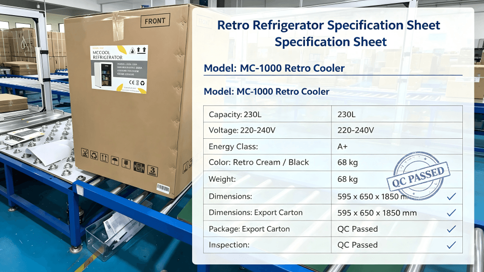 A specification sheet for a retro refrigerator
