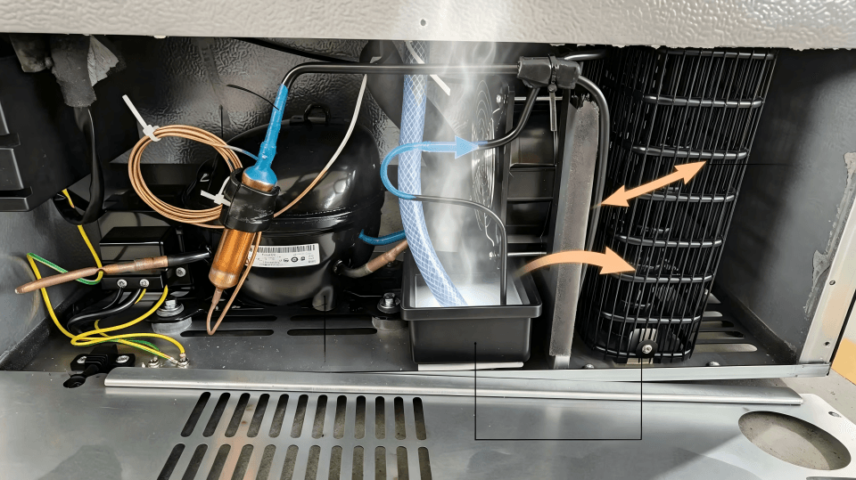 A self-evaporation water tray in a commercial refrigerator