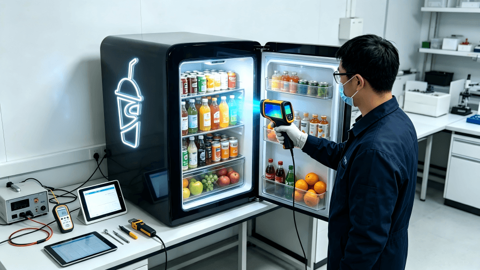 An engineer using a thermal camera to check the cooling distribution inside a custom fridge